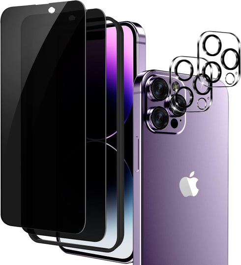 YMHML 2 Pack iPhone 14 Pro Privacy Screen Protector + 2 Pack Camera Lens Protector, Anti Spy Tempered Glass Privacy Screen for iPhone 14 Pro (6.1 ...