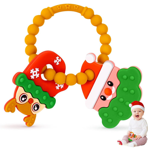 NPET Christmas Baby Teething Toy, Christmas Cute Santa & Deer Teething Ring 3-12 Months Baby Gifts Infant Teething Toy, Baby Theether Toy Christma...