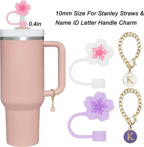3PCS Silicone Straw Covers for Stanley Cup 30&40 Oz-3PCS Name ID Letter Handle Charm?0.4in/10mm Flower Silicone Straw Cover Cap?Dust-Proof Reusabl...