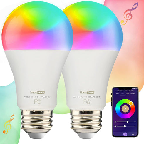 Homevenus HVS Smart Light Bulbs, 9W Equivalent 60W A19 E26 RGBW Color Changing LED Light Bulbs, Music Sync App 2.4GHz WiFi Dimmable Tunable White ...