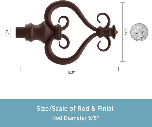 Kenney KN65406 Serena Large Plastic Heart Scroll End Standard Decorative Window Curtain Rod, 28-48" Adjustable Length, Chocolate Finish, 5/8" Diam...
