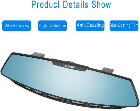 Car Rear View Mirror, 12" Wide Angle Universal Curve Convex Rearview Mirror Interior Clip On Original Mirror (Blue Mirror)...