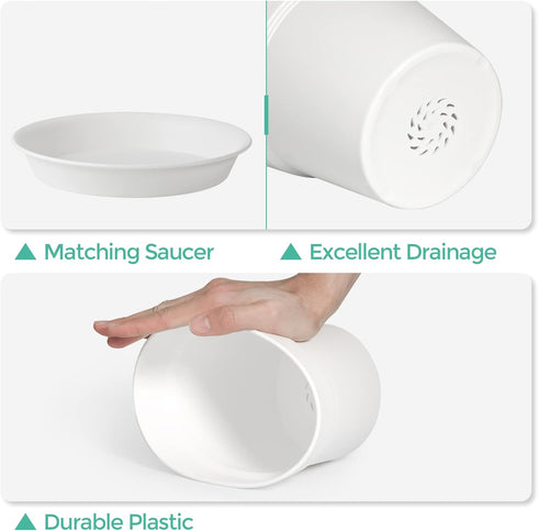 T4U 4 Inch Plant Pots 18-Pack - Small Plastic Planter with Drainage Hole and Saucer, Decorative Nursery Flower Pot Bulk for African Violet, Snake ...