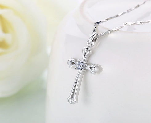 925 Sterling Silver Inlaid Crystal Cubic Zirconia Cross Pendant Necklace...