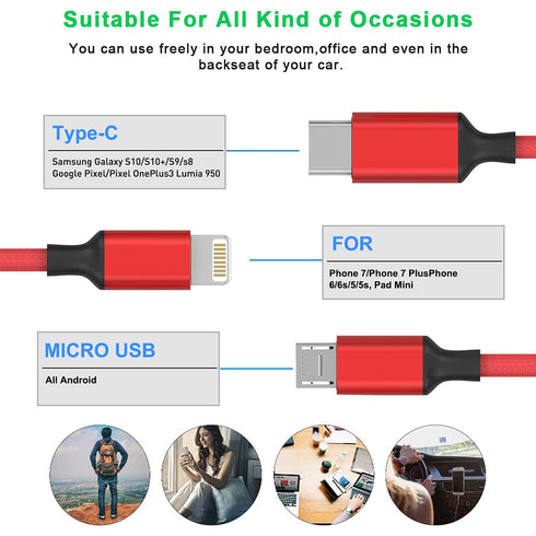 Multi 3 in 1 USB Long iPhone Charging Cable, 1.8M/5.9Ft Nylon Braided Universal Phone Charger Cord USB C/Micro USB/Lightning Connector Adapter for...