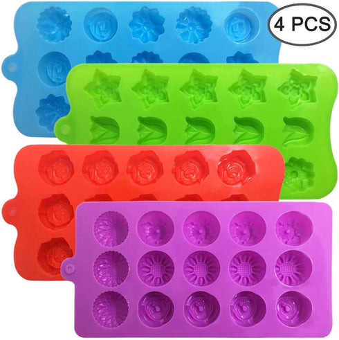 4 PACK Flower Shape Chocolate Candy Molds Set,DanziX Silicone 15 Cavity Baking Mold Ice Cube Tray for Wedding,Festival,Parties and DIY Crafts-Gree...