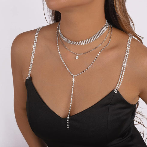 Multi Layered Necklace Rhinestone Tennis Chain Choker Necklace Multi Row Collar Necklace Y Shaped Necklace Round Rhinestone Pendant Necklace Tiny ...