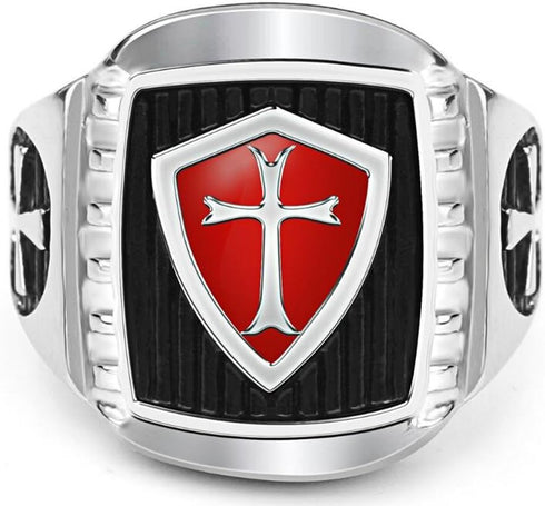 Men's Stainless Steel Ring Knight ring Templar Ring biker Crusader Cross masonic Red Size 10...
