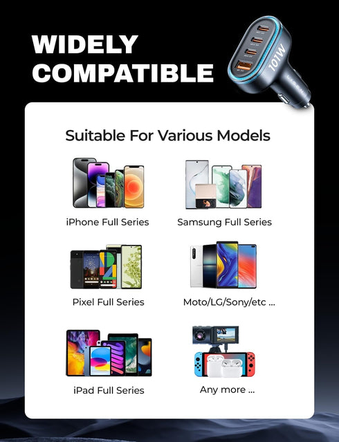 LISEN USB C Car Charger 65W+36W 4 Port Fast Charging Car Charger Adapter PD3.0 & QC3.0 Cigarette Lighter Car USB Charger Multi Port with Cable,Com...