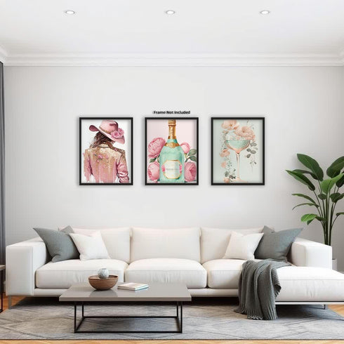 Posterizer 3 pcs-Pastel Pink and Baby Blue Champage and Woman-Floral Botanical Art-Abstract & Modern Art- Living Room Bedroom Decor- unframed wall...