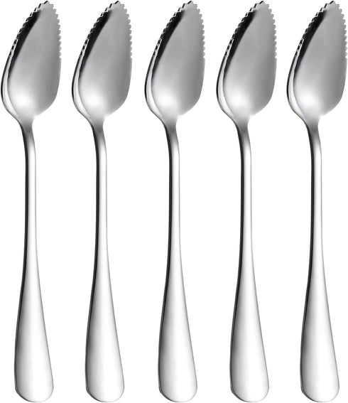 5 PCS Grapefruit Spoons, Stainless Steel Grapefruit Spoon Utensil Set, Serrated Edge & Thick Gauge Handle, Silver Kitchen Tool with Non-stick Plat...