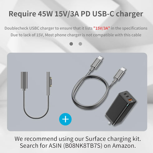 Surface to USB C Charging Cable (Female USB-C, 20 cm), Compatible with Microsoft Surface Pro 7/6/5/4/3 Go3/2/1 Laptop4/3/2/1, Requires 45W 15V/3A ...