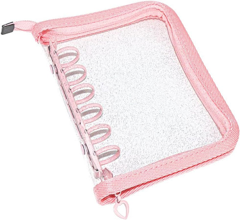 Clear A7 Binder Wallet with Zipper, Pink 6 Ring Glitter Budget Binder Loose Leaf Zip Up Binder Cover for Cash Envelopes System, Photocard Album, J...
