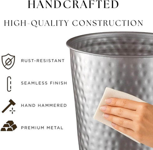 Monarch Abode Pewter Hand Hammered Metal Wastebasket for Home Office Bedroom, Decorative Waste Basket, Modern Bathroom Garbage Can, Durable & Deco...