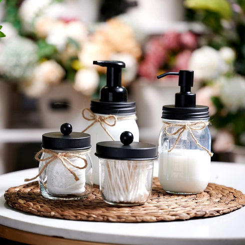 Amolliar Mason Jar Bathroom Accessories Set(4 Pack) - Foaming Soap Dispenser&Qtip Holder Set&Toothbrush Holder-Rustic Farmhouse Decor Bathroom Org...