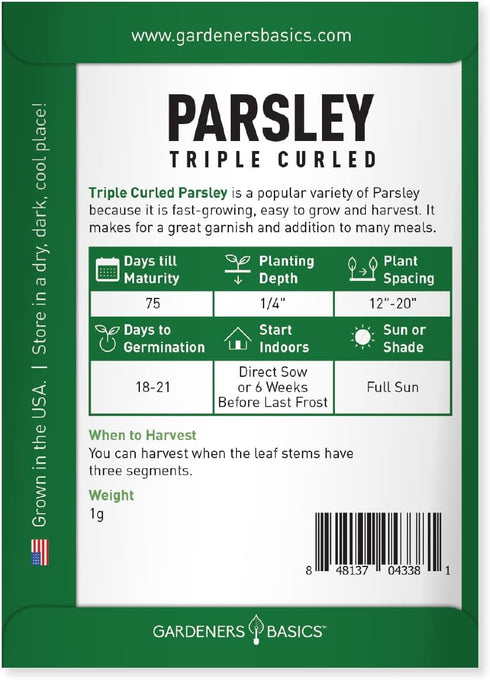 Gardeners Basics, Curled Parsley Seeds for Planting Indoors and Outdoors Heirloom, Open-Pollinated, Non-GMO Curly Herb Variety- Great for Home Gar...