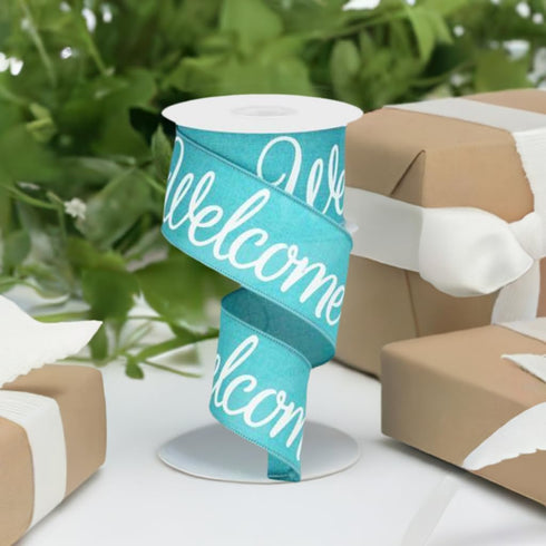 Welcome Canvas Wired Ribbon, White Script on Turquoise Teal Ribbon, 2.5 Inches x 10 Yards...