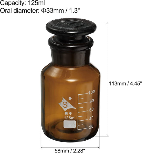 PATIKIL 125mL Reagent Media Bottle, 1Pcs Round 3.3 Borosilicate Glass Graduated Storage Bottle with Amber Cap for Chemistry Lab Universities Home,...