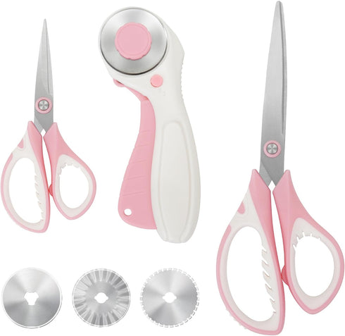 Pink Professional Sewing Scissors Set: Big Scissors, Small Scissors, Rotary Cutter with 3pcs Extra Blades for Cutting Fabric...