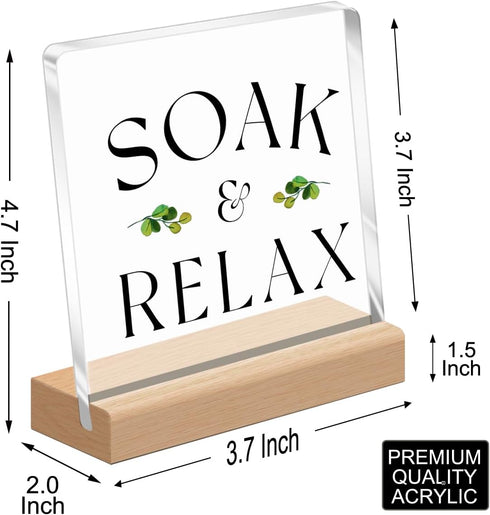 Funny Bathroom Desk Decor,Soak Relax Funny Bathroom Sign Acrylic Plaque With Wooden Stand Sign for Bathroom Shelf Toilet Restroom Home Tabletop De...