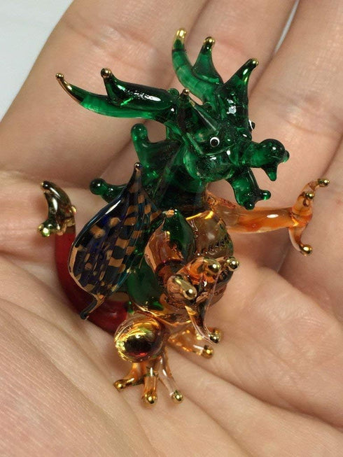 Tiny 2" Green Blue Yellow Sitting Western Dragon Figurine - Miniature Hand Blown Glass Dragons Mythical Creature Animals Crystal Decorative Collec...