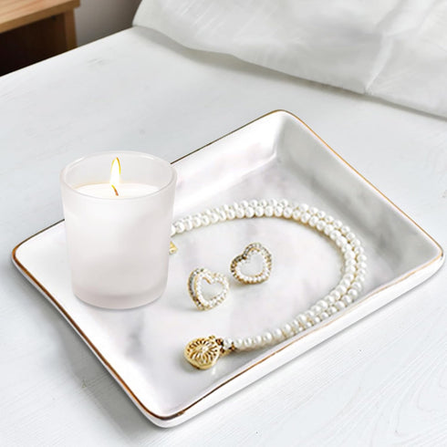 Marble Ceramic Jewelry Tray Ring Dish Ring Holder Display Organizer with Golden Edged Wedding Valentine's Day Housewarming Gift...