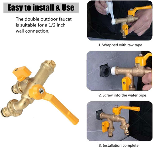 Outdoor Water Faucet, Wall Mounted Garden Water Faucet with Two 3/4 inch Brass Ball Valves Water Tap Splitter for Outdoor,Garden,Home, Balcony, Ho...