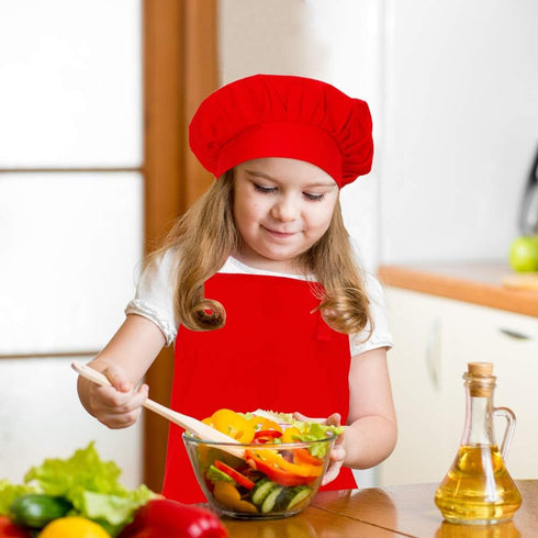 Kids Apron and Chef Hat Set, Adjustable Cotton Child Aprons with Large Pocket Red Girls Boys Kitchen Bib Aprons for Cooking Baking Painting...