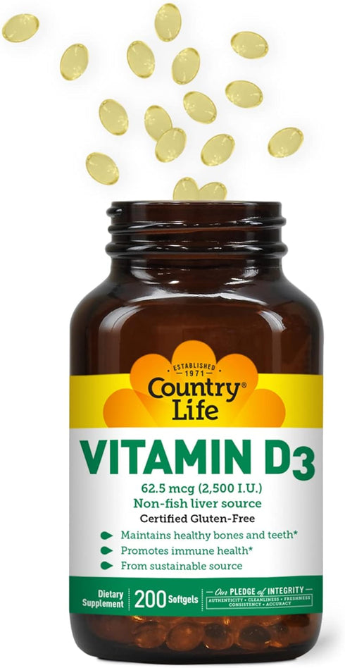 Country Life Vitamin D3 2500 IU Soft Gels, Larger, 200 sg, 200 Count...