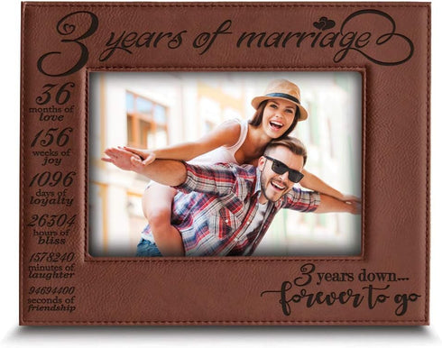 BELLA BUSTA- 3 Years of Marriage-3 years Down Forever to go-Engraved Leather Picture Frame (5 x 7 Horizontal (Rawhide))...