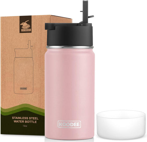 koodee 12 oz Stainless Steel Water Bottle, Double Wall Vacuum Insulated Wide Mouth Flask with Wide Handle Straw Lid (Light Pink)...
