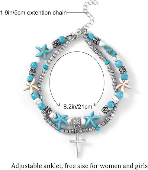 Yokawe Boho Turquoise Anklet Turtle Starfish Double Ankle Bracelet Bead Summer Beach Foot Chain Jewelry for Women and Girls...