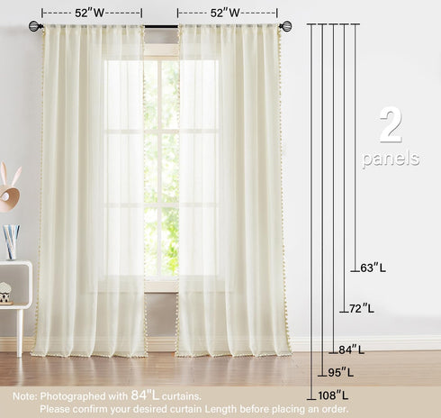 Treatmentex Pom Pom Linen Sheer Curtains for Living Room 63 inches Length Slub Textured Natural Farmhouse Window Sheers Drapes 52" w x 2 Pack, Rod...