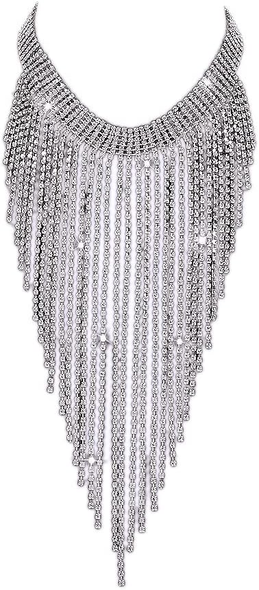 Fashion Women Sexy Rhinestone Bib Choker Necklace Tassel Long Chain Necklace...