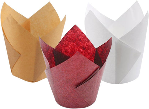 180 Pieces of Tulip Baking Paper Cups Cupcake Muffin Liners Pans Wrappers in 3 Colors, White, Natural, Brown...