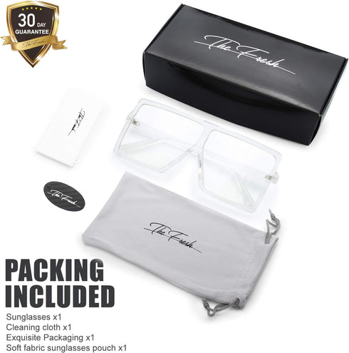 The Fresh Large Oversized Fashion Square Flat Top Sunglasses with Gift Box (4-Shiny Crystal, Clear/AR Coating)...