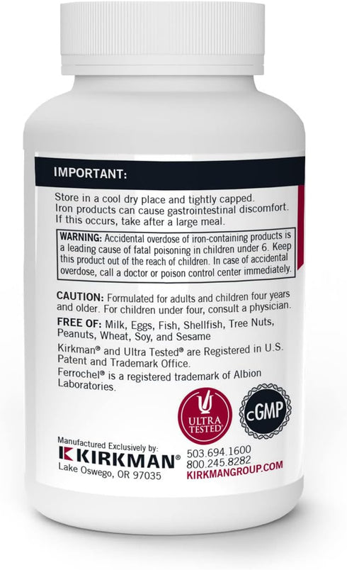 Kirkman - Iron Ferrochel 5mg - 120 capsules - Aids Hemoglobin & Myoglobin Production - Supports Red Blood Cells Formation - Hypoallergenic...