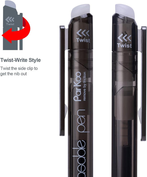 ParKoo Retractable Erasable Gel Pens Twist-Write, Fine Point 0.7 mm, Make Mistake Disappear, 12 Black Ink Pens for Drawing Writing Planners and Cr...