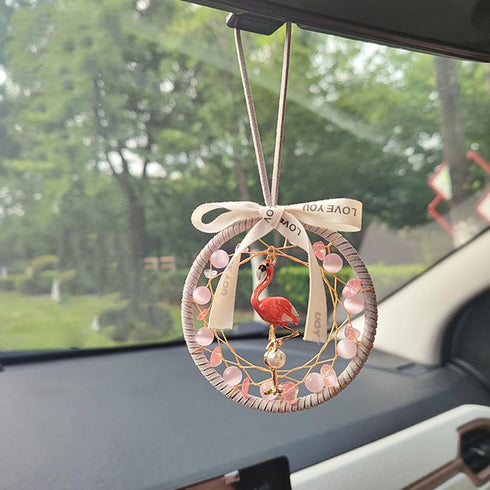 1 Pcs Flamingo Dreamcatcher Car Mirror Charms,Flamingo Car Hanging Ornament Rear View Mirror Pendant Dream Catcher Car Interior Rearview Mirror Ha...