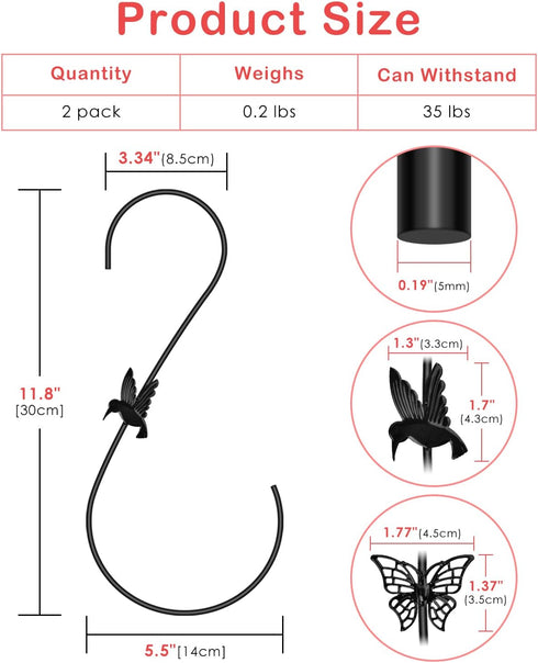 PACETAP Bird Feeders Hanger 12-Inch, 2PCS Metal Hummingbird Feeder Hook, Heavy Duty Plant Hangers Outdoor for Hanging Plants, Bird Feeder, Wind Ch...