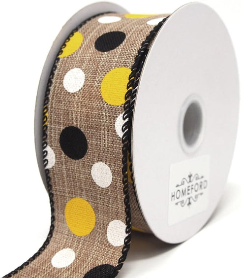 Homeford Natural Linen Wired Ribbon, Yellow/Black/White Dots, 10 Yards (1-1/2-Inch)...