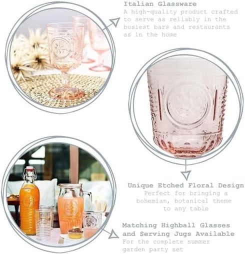 Bormioli Rocco Romantic Set Of 4 Stemware Glasses, 10.75 Oz. Colored Crystal Glass, Cotton Candy Pink, Made In Italy....