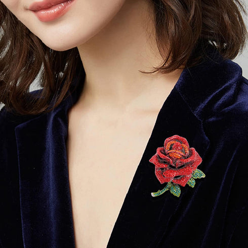 Premium Rose Flower Brooch for Women Red Blue Rhinestone Crystal Rose Brooch Big Flower Lapel Pin Clothing Hat Bag Accessories Wedding Valentine's...