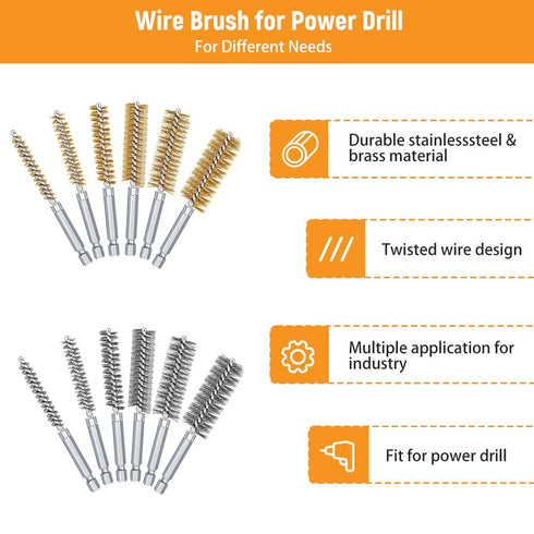 12 Pcs Bore Brush for Drill, Variety of Size Stainless Steel Cleaning Brush, Power Drill Impact Driver Pipe Hex Drill Shank Drill Wire Brush Set f...