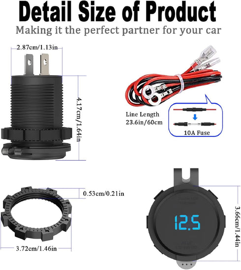 Quick Charge 3.0 12V USB Outlet, 36W Dual USB Car Charger Socket with Power Switch LED Voltmeter, Waterproof Marine Cigarette Lighter Adapter for ...