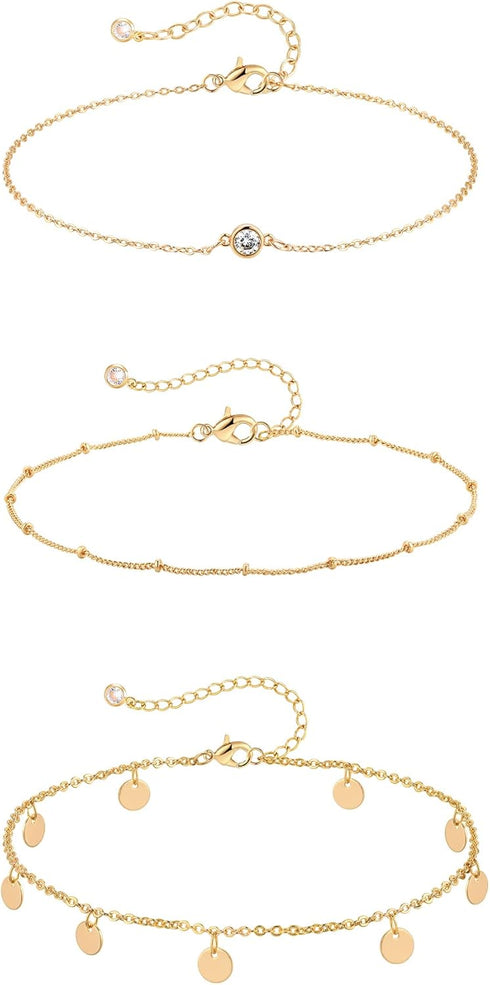 Anklet Bracelets for Women 14K Gold Jewelry Set Waterproof Layered Tennis Satellite Link Chain Anklets Set Gold Anklets Adjustable Size 3pc...