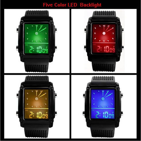 FANMIS Men's Waterproof Rectangle Dial Analog Digital Wrist Watch with Five LED Backlight Color Black...