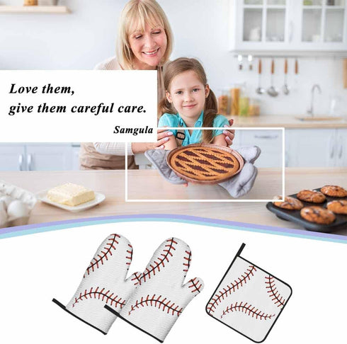 Baseball Stitches Oven Mitts and Pot Holders Sets Softball Laces Design Heat Resistant 3pcs for Cooking Baking BBQ...