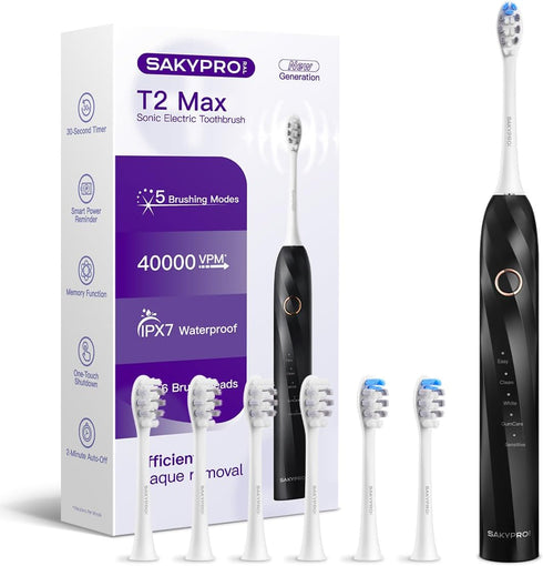 Sonic Electric Toothbrush for Adults and Kids - 40000 VPM Motor Power Toothbrush with 6 Original 3D Brush Heads, Up to 70 Days Battery Power (T2 M...