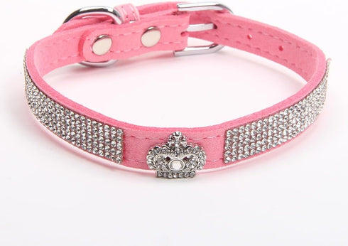 Dog Cat Collar Bling Rhinestone Crown Faux Leather Adjustable Pet Necklace for Chihuahua Yorkie (XS, Pink)...